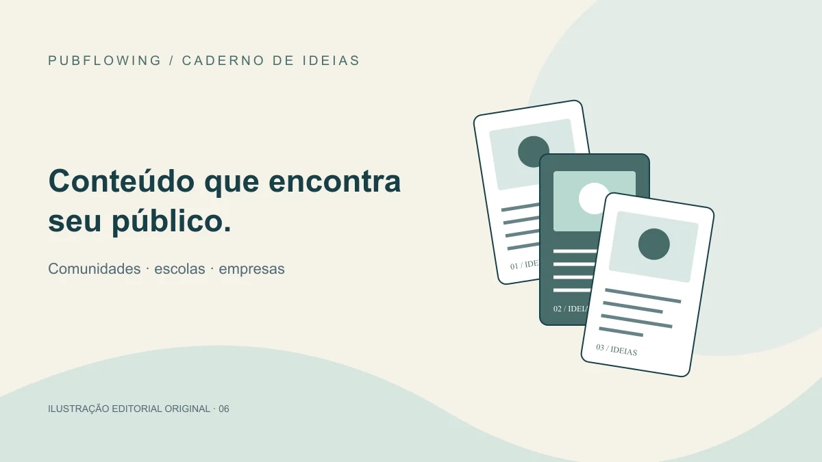 Ilustração editorial original sobre sete aplicações práticas de flipbooks para igrejas, escolas e empresas