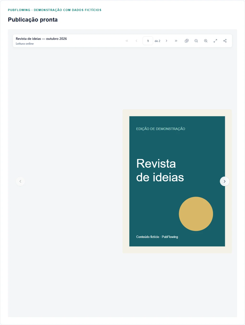 Leitor real exibindo a revista fictícia de demonstração