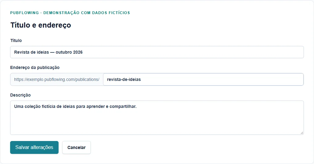 Painel real do PubFlowing para preparar e distribuir uma publicação de demonstração