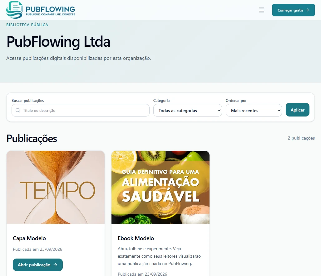 Biblioteca pública real do PubFlowing com busca, filtro de categoria e cards de publicações