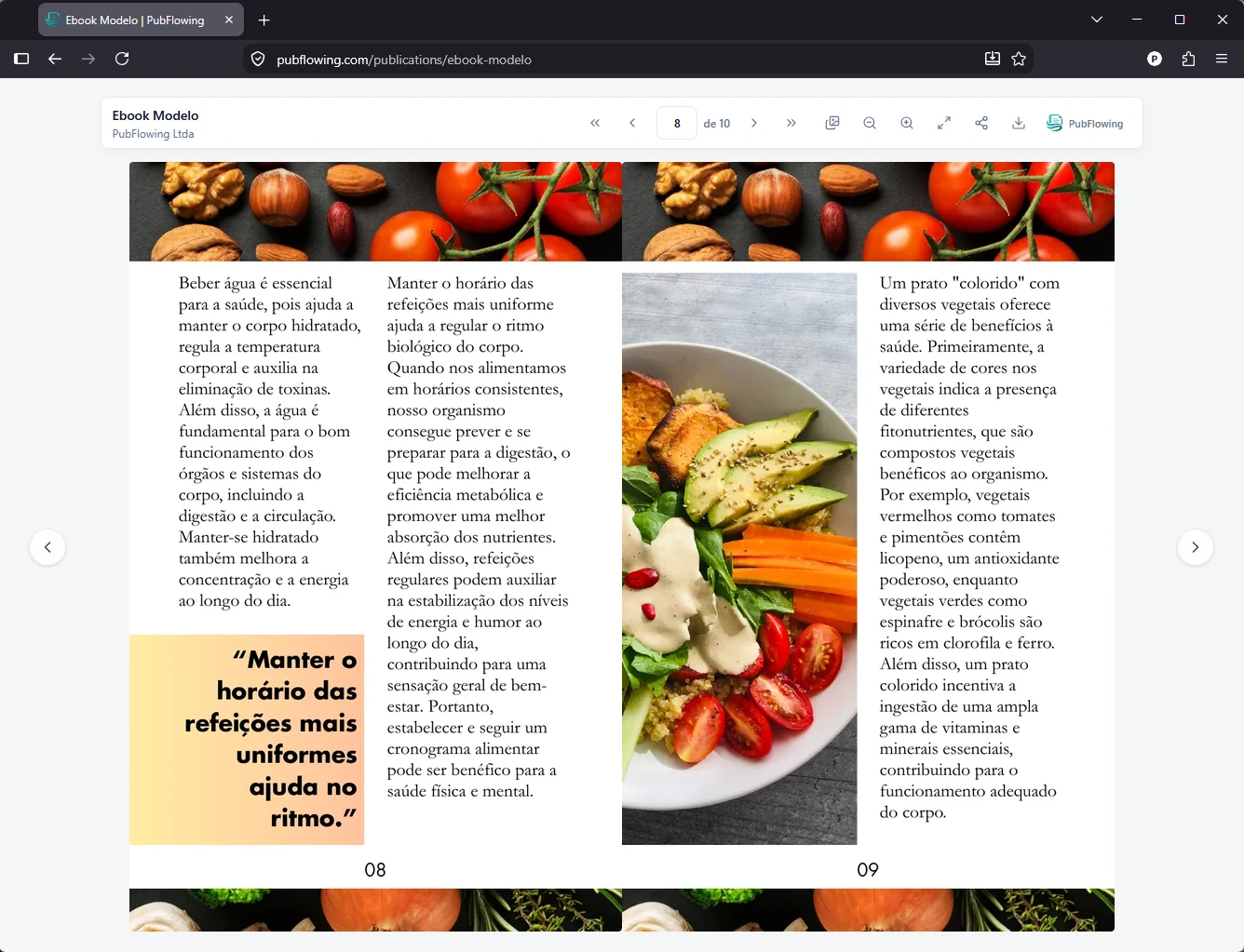 Reader real do PubFlowing com duas páginas do e-book sobre alimentação saudável