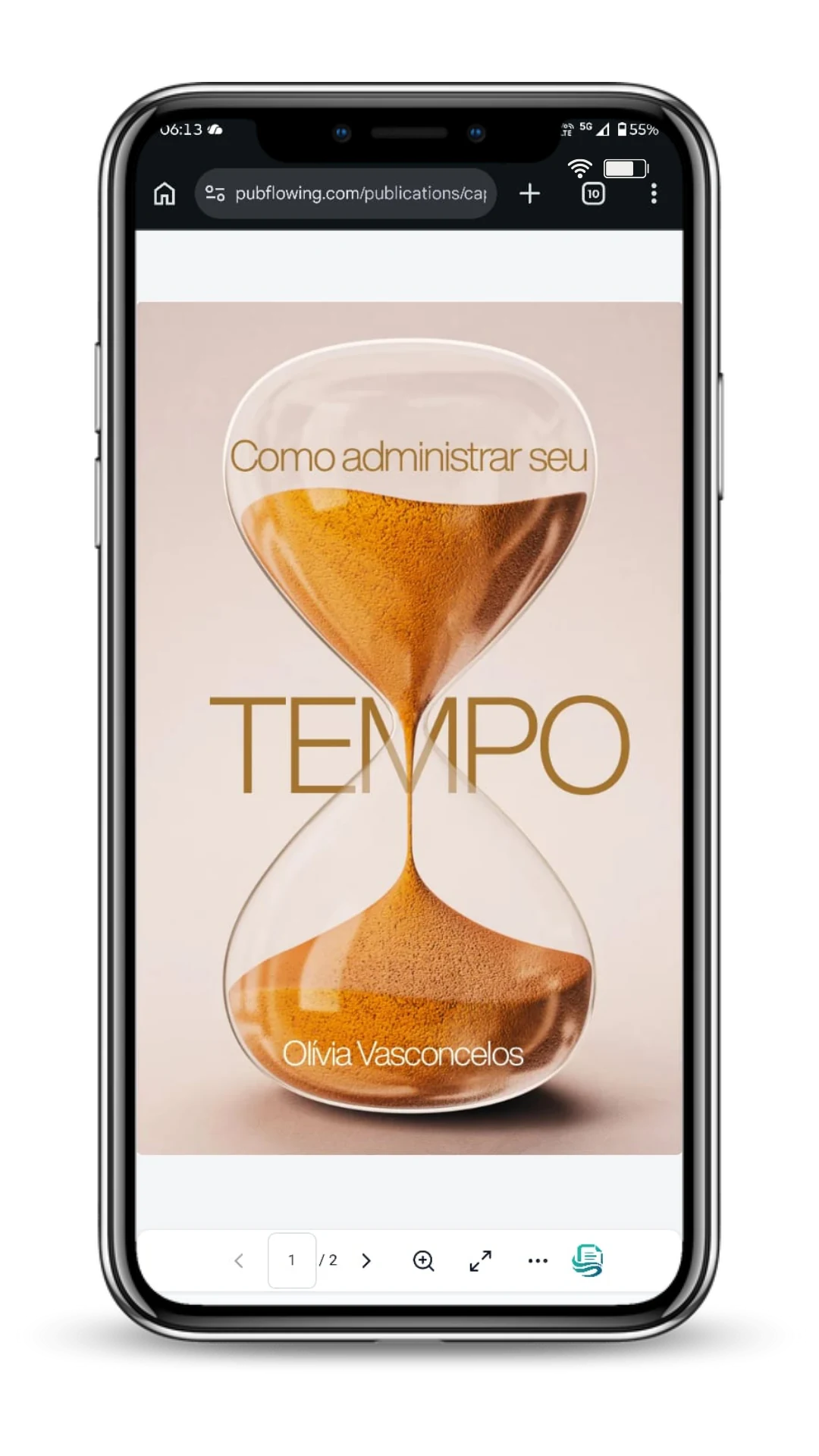 Mockup fornecido de um celular exibindo a publicação real no reader do PubFlowing