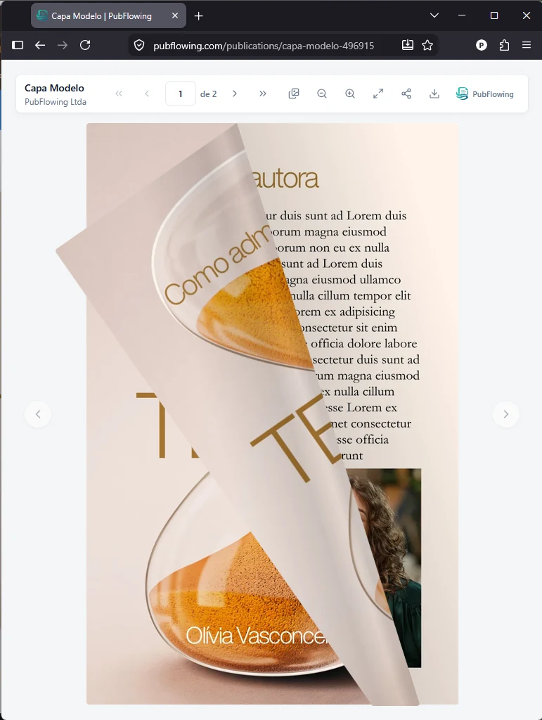 Publicação Capa Modelo no reader real, com uma página sendo folheada