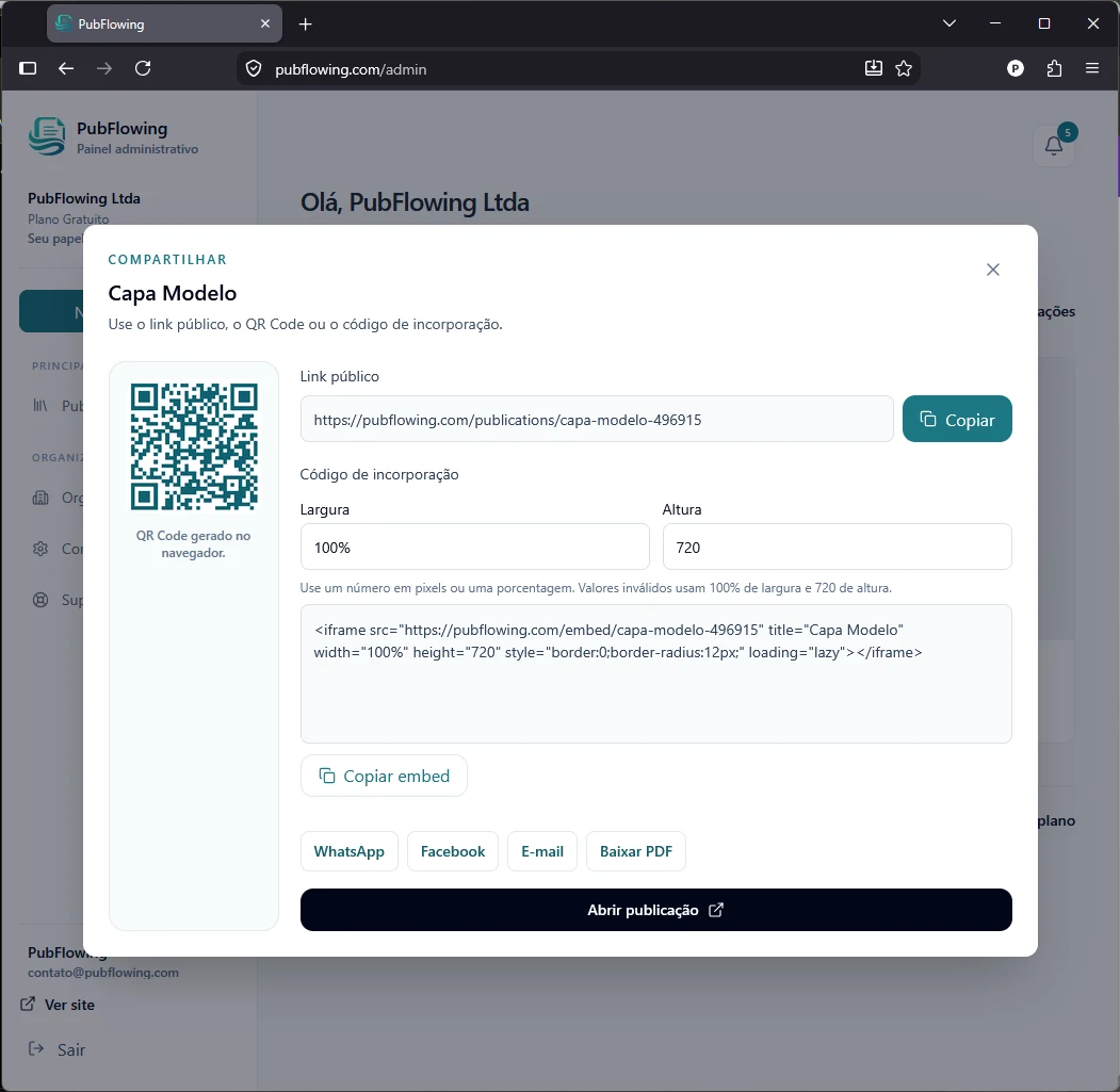 Modal real de compartilhamento com QR Code, link público, código de incorporação e opções de envio